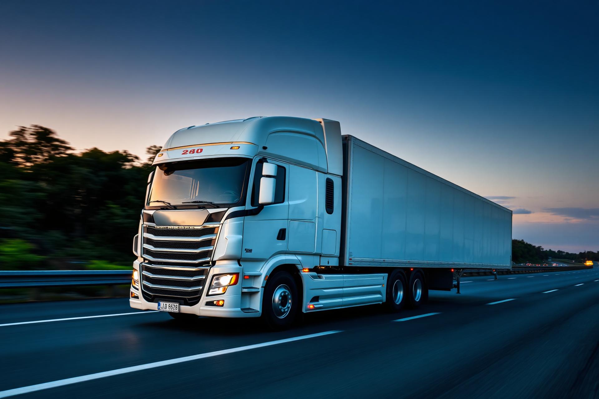 Caminhão moderno da NTN Transportes em rodovia ao entardecer